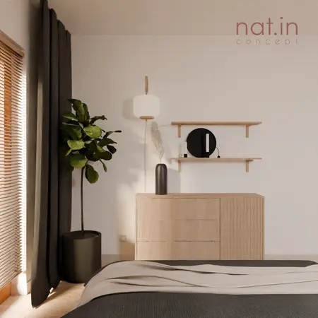 Wnętrze sypialni w stylu japandi z drewnianą komodą i rośliną