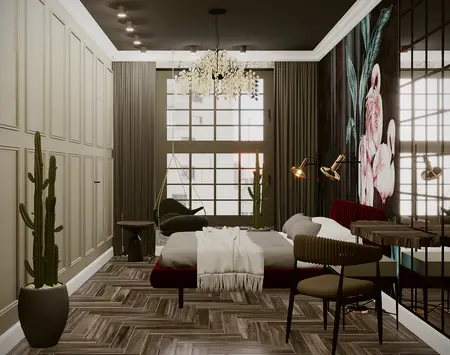 Sypialnia w stylu art deco i nowoczesnym z czerwoną tapicerką i roślinami