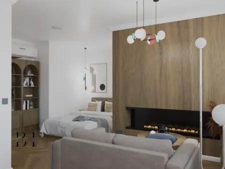 Wnętrze sypialni z minimalistycznym designem, drewnianą ścianą i nowoczesnymi akcentami.