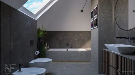 Nowoczesna łazienka z wanną, szarymi i czarnymi akcentami, minimalistyczny design.
