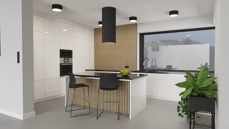 Kuchnia w stylu industrialnym z białymi meblami i drewnianymi detalami.