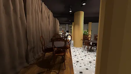Wnętrze kawiarni z brązowymi meblami i eklektycznym stylem.
