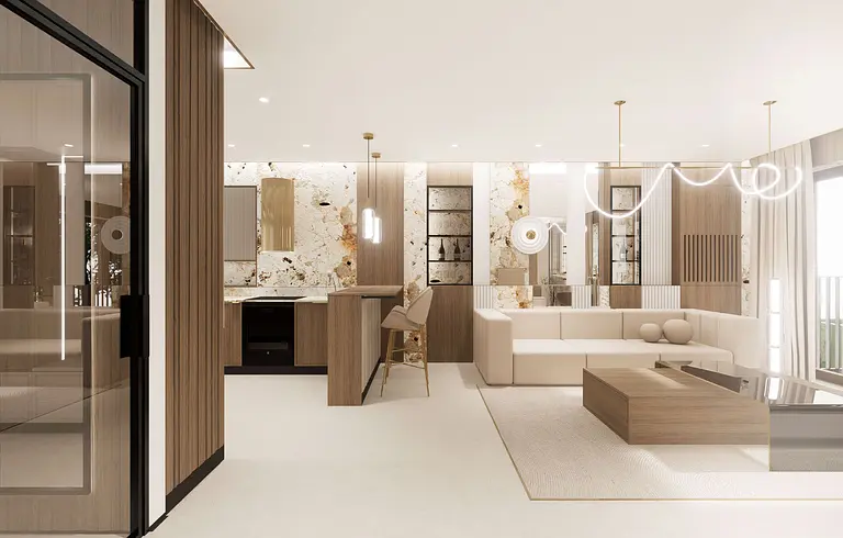 Wnętrze salonu z minimalistycznym designem, beżowa sofa i drewniane akcenty.