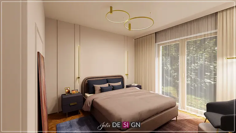 Sypialnia w stylu art deco z jasnym łóżkiem i dużymi oknami.