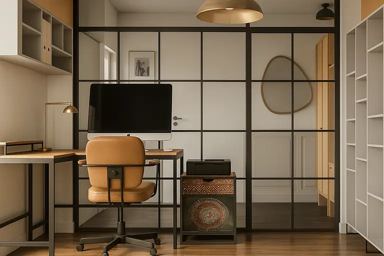 Gabinet z biurkiem, telewizorem, art deco i eklektycznym stylem.