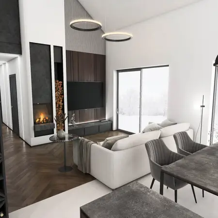 Wnętrze salonu w stylu industrialnym i minimalistycznym z kominkiem oraz dużymi oknami.