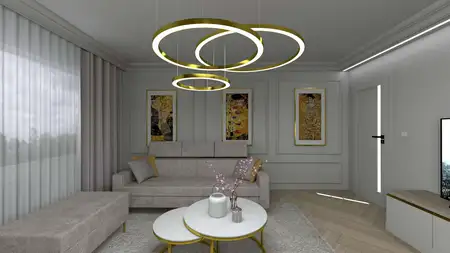 Wnętrze salonu z szarymi meblami, złotymi lampami i dekoracjami w stylu glamour.