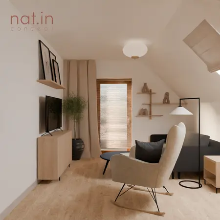 Nowoczesny salon w stylu japandi z jasnymi meblami i drewnianymi detalami.