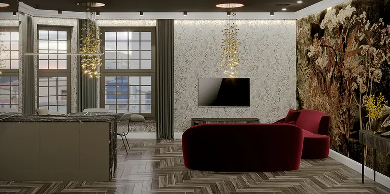 Wnętrze z meblami art deco, nowoczesnym oświetleniem i dekoracyjną ścianą.