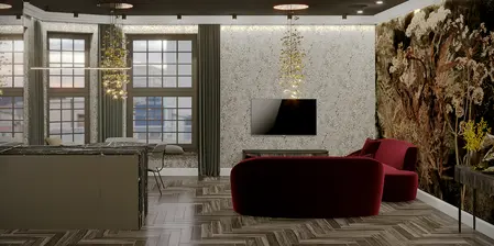 Wnętrze z meblami art deco, nowoczesnym oświetleniem i dekoracyjną ścianą.
