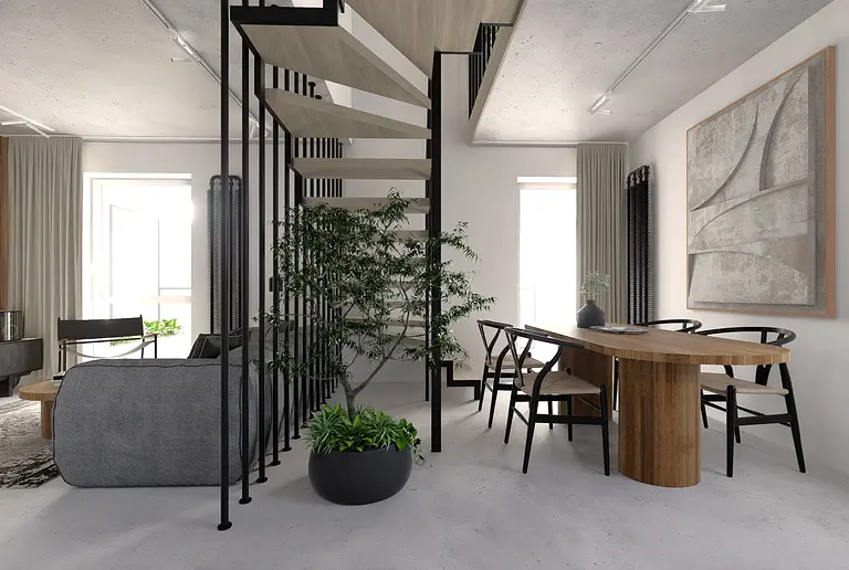 Wnętrze w stylu industrialnym z minimalistycznym stołem, roślinami i betonowym sufitem.