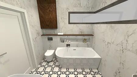 Współczesna łazienka z białą wanną, drewnianymi detalami i stylową podłogą.