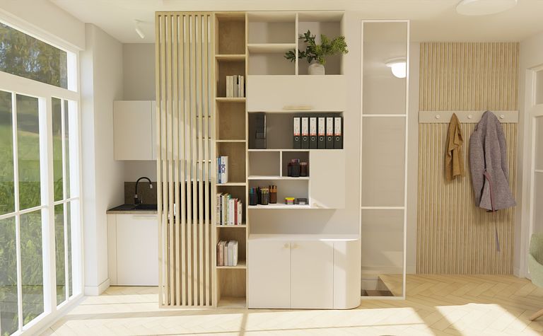 Wnętrze minimalistyczne z białymi meblami i drewnianym regałem, styl soft minimalizm.