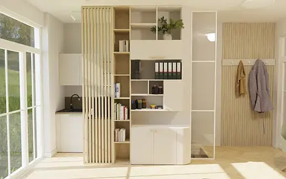 Wnętrze minimalistyczne z białymi meblami i drewnianym regałem, styl soft minimalizm.