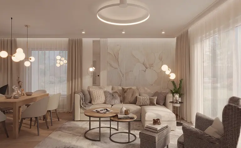 Wnętrze salonu z jasnymi meblami, drewnianym stołem i stylowymi lampami, dopamine decor.