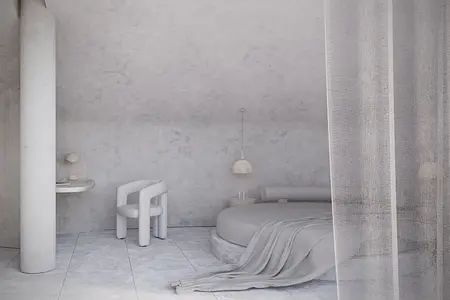 Minimalistyczna sypialnia w stylu japandi z szarymi ścianami i nowoczesnymi meblami.