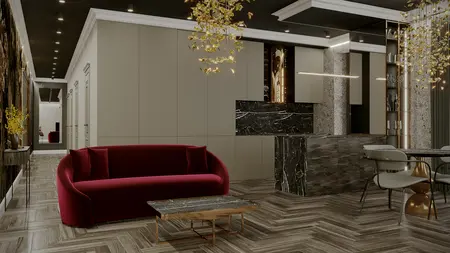 Wnętrze z art deco, nowoczesny styl, czerwona sofa i marmurowe wykończenia.
