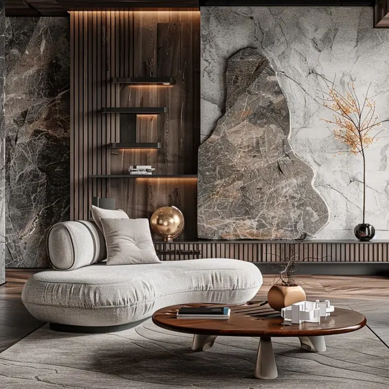 Wnętrze salonu z szarymi i drewnianymi elementami, art deco, minimalistyczny, nowoczesny, glamour.