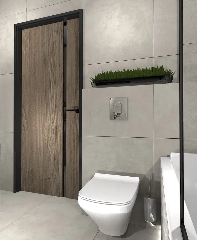 Wnętrze łazienki w stylu industrialnym z minimalistycznymi akcentami i nowoczesnymi detalami.