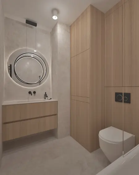 Nowoczesna łazienka boho z drewnianymi meblami i minimalistycznym lustrem.