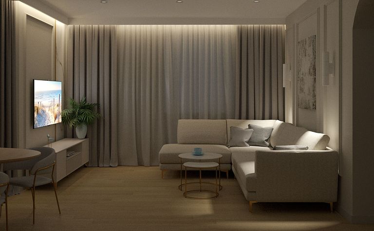 Wnętrze salonu w stylu quiet luxury z jasnymi meblami i eleganckim oświetleniem.