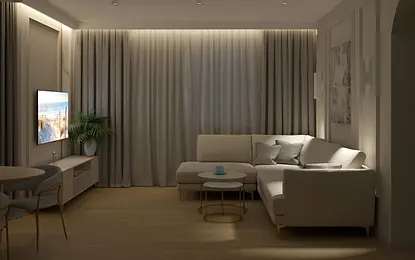 Wnętrze salonu w stylu quiet luxury z jasnymi meblami i eleganckim oświetleniem.