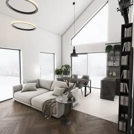 Wnętrze salonu w stylu industrialnym i minimalistycznym z jasną sofą i dużymi oknami.