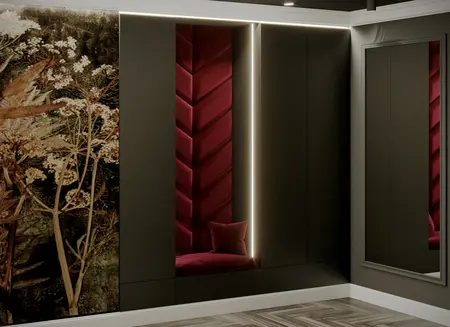 Garderoba z ciemnymi ścianami, oświetleniem LED, elementami art deco i nowoczesnymi akcentami.