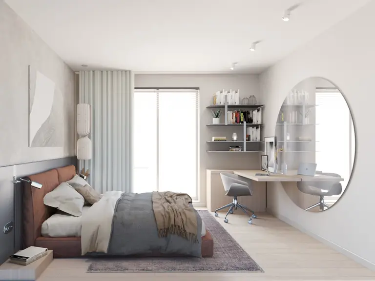 Sypialnia z nowoczesnym biurkiem i brązowym łóżkiem, współczesny design.