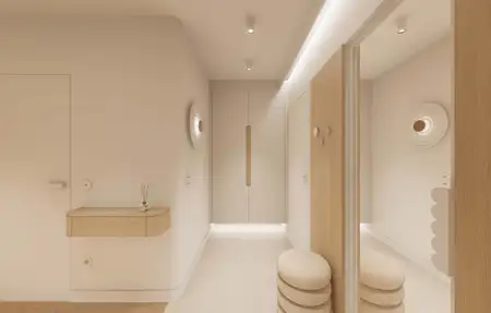 Przedpokój w stylu japandi z minimalistycznymi meblami i jasnymi kolorami.