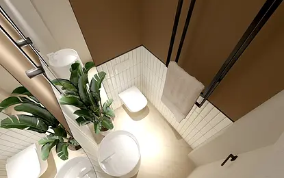 Wnętrze łazienki z elementami art deco, boho, eklektycznymi.