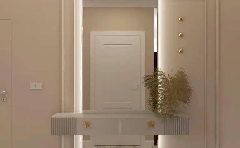 Nowoczesny korytarz z lustrem, elegancką konsolą i rośliną.