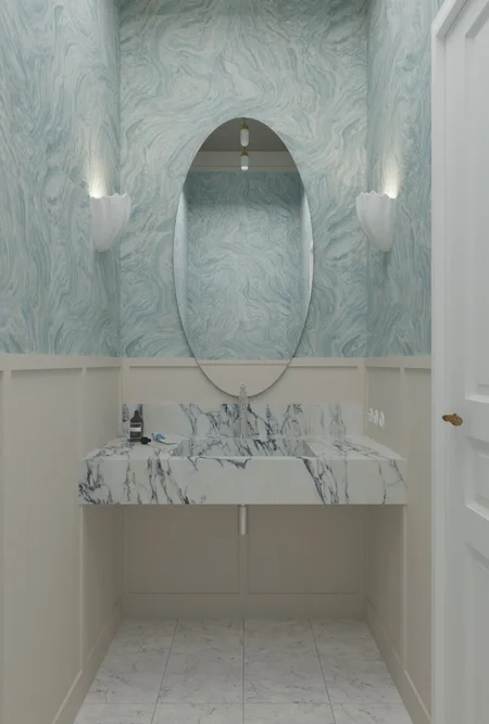 Wnętrze toalety z marmurową umywalką i niebieskimi ścianami w stylu art deco, minimaluxe, quiet luxury.