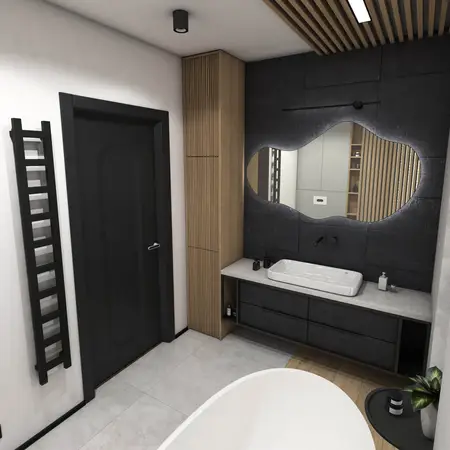 Nowoczesna łazienka w stylu industrialnym i minimalistycznym z drewnianymi detalami.
