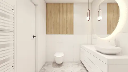 Nowoczesna łazienka w skandynawskim stylu z drewnem i minimalistycznymi akcesoriami