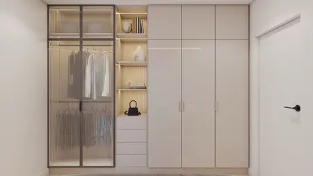 Garderoba w stylu minimaluxe z białymi meblami i szklanymi drzwiami