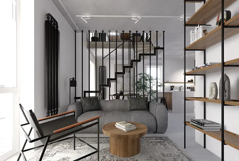 Wnętrze salonu z szarymi meblami, drewnianymi akcentami, styl industrialny i minimalistyczny.