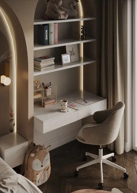 Wnętrze biura z białym biurkiem, regałem i stylowymi akcentami quiet luxury.