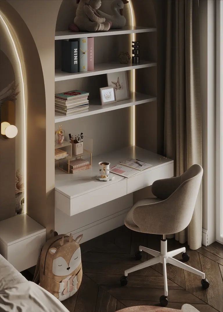 Wnętrze biura z białym biurkiem, regałem i stylowymi akcentami quiet luxury.