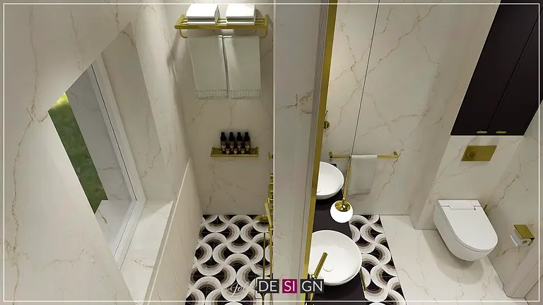 Nowoczesna łazienka w stylu art deco z białymi umywalkami i eleganckim oświetleniem.