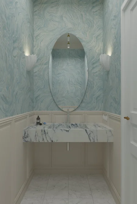 Toaleta z marmurową umywalką, niebieską ścianą, styl art deco, minimaluxe, quiet luxury.