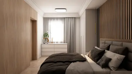Wnętrze sypialni z nowoczesnym designem, drewnianą ścianą i białą komodą.