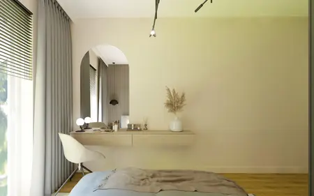 Minimalistyczne wnętrze z biurkiem, zasłonami i roślinnością w stylu boho, japandi, soft minimalizm.