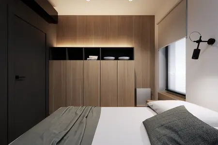 Wnętrze sypialni w stylu eklektycznym i minimalistycznym z drewnem