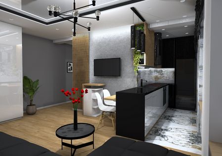 Wnętrze z aneksem kuchennym, drewniane akcenty, rośliny, styl industrialny, nowoczesny, skandynawski