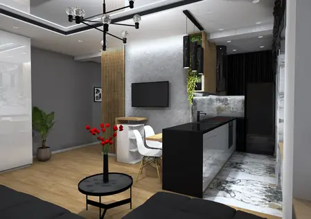 Wnętrze z aneksem kuchennym, drewniane akcenty, rośliny, styl industrialny, nowoczesny, skandynawski
