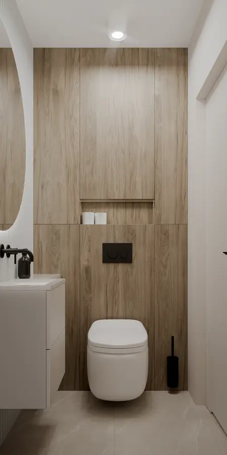 Minimalistyczna toaleta z drewnianymi ścianami i białymi meblami, soft minimalizm.