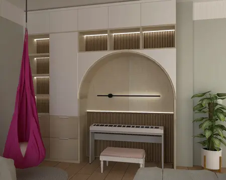 Wnętrze pokoju z różowym hamakiem, białym fortepianem, boho i minimalistycznym stylem.