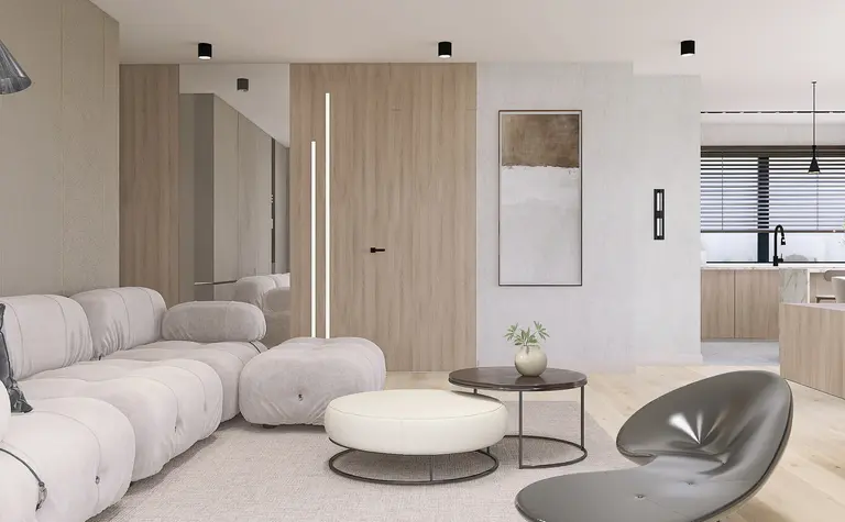 Nowoczesny salon z jasnymi meblami i drewnianymi elementami, przytulna przestrzeń do relaksu.