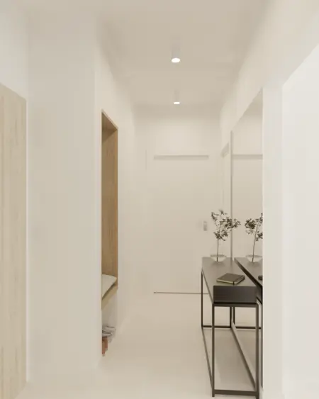 Przedpokój w stylu boho, japandi i minimalistycznym z drewnianymi akcentami.